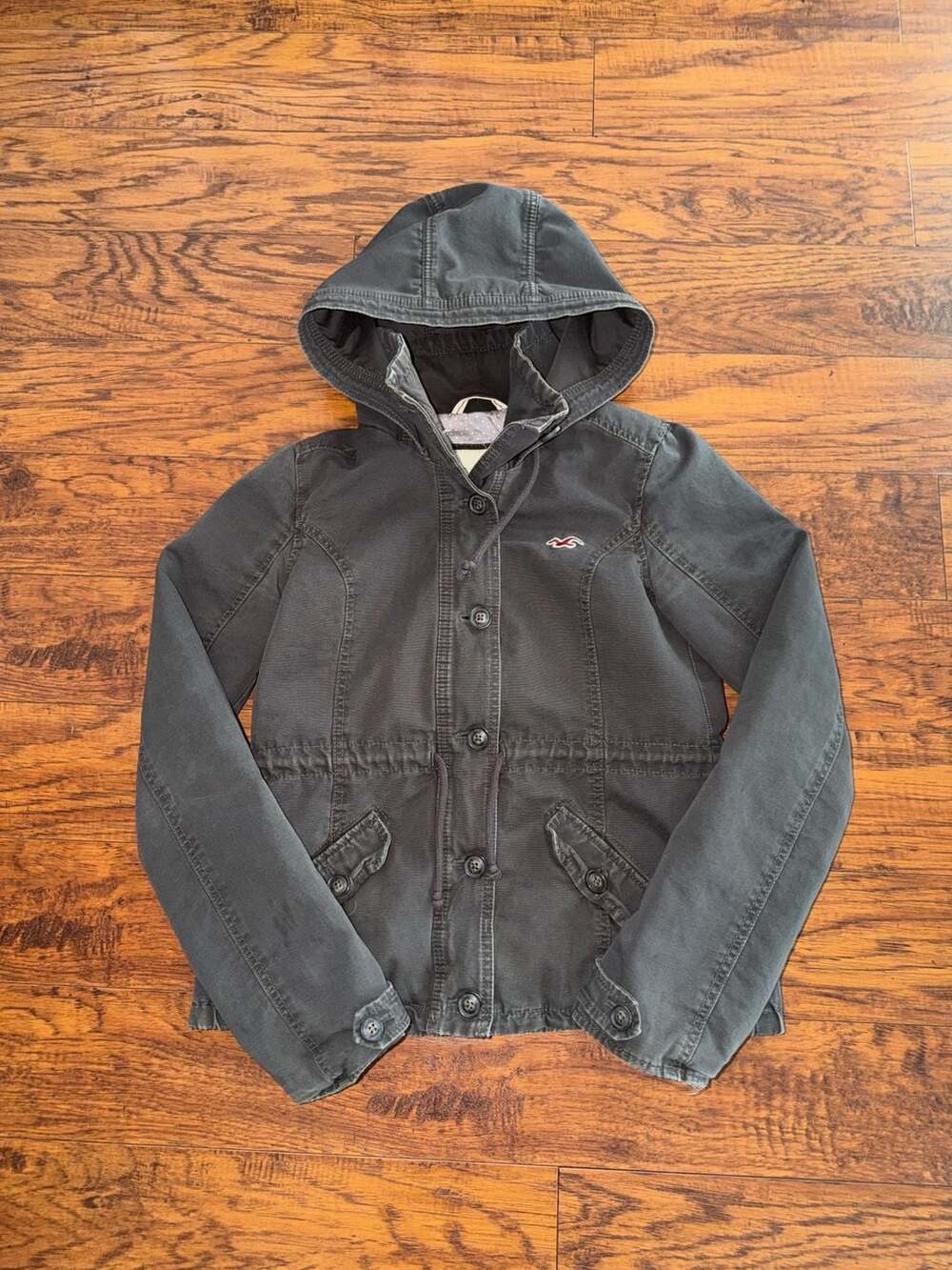 Vintage Y2K Hollister Cinch Waist Hooded Jacket Grey Polka Dot Lining Size M